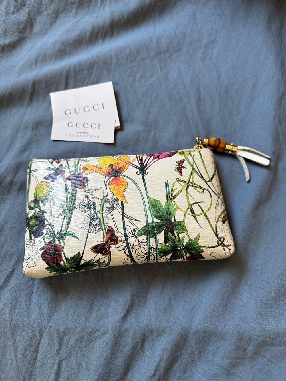 Gucci White Floral & Butterfly Zip Pouch with Tassel